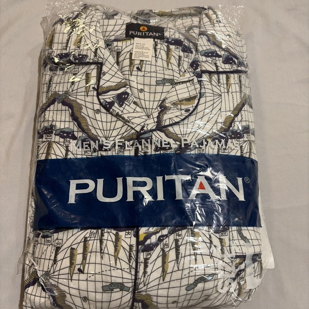 Vintage Puritan Men's Flannel Pajama Set Large  Long Sleeve Nautical Print NOS